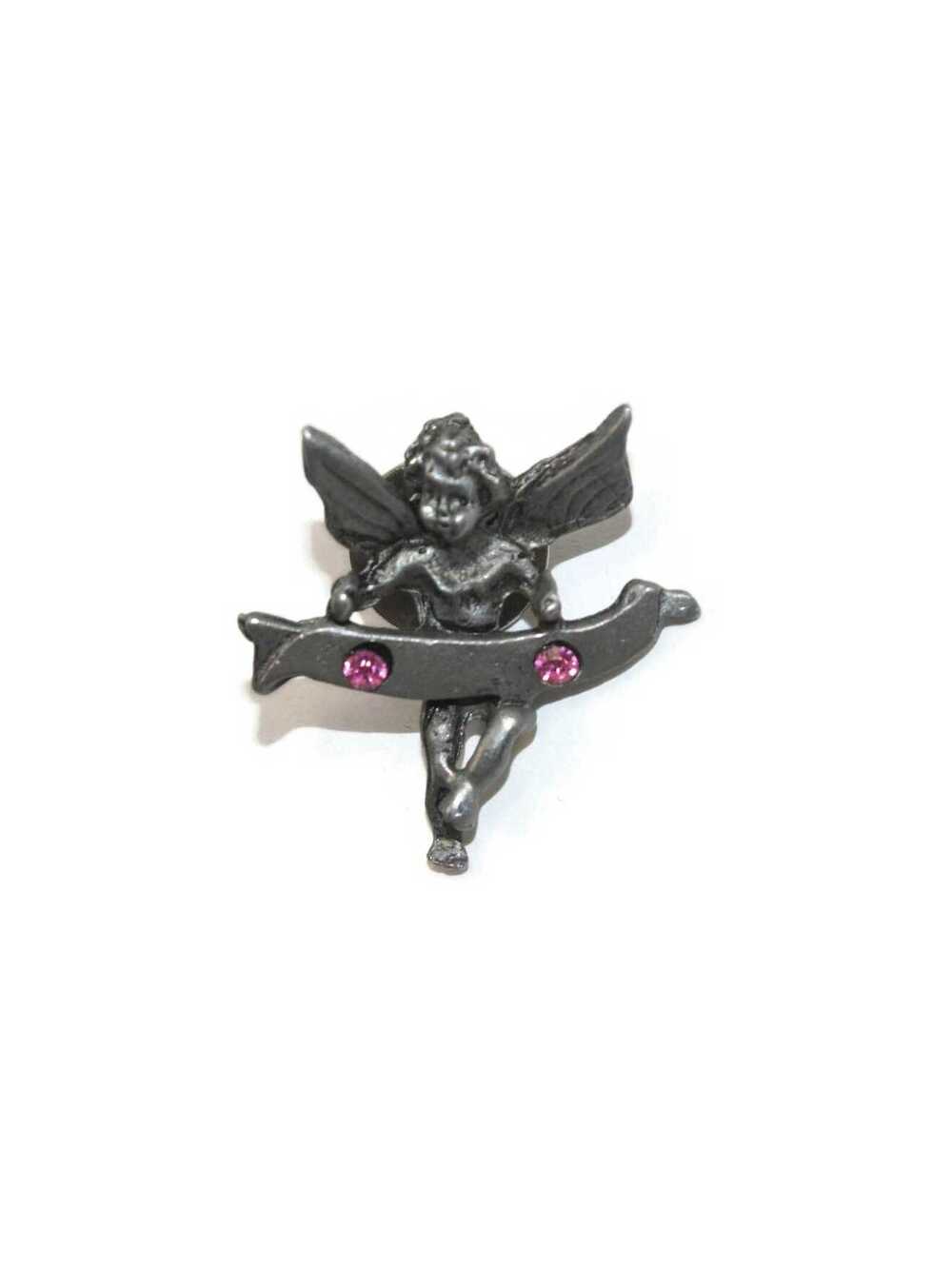 Vintage Pewter with Pink Rhinestones Guardian Angel Lapel Pin.